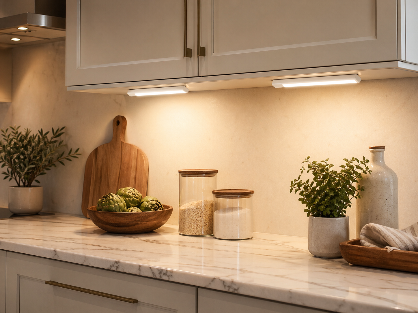 NestLuma motion lights installed under kitchen cabinets in a warm modern kitchen