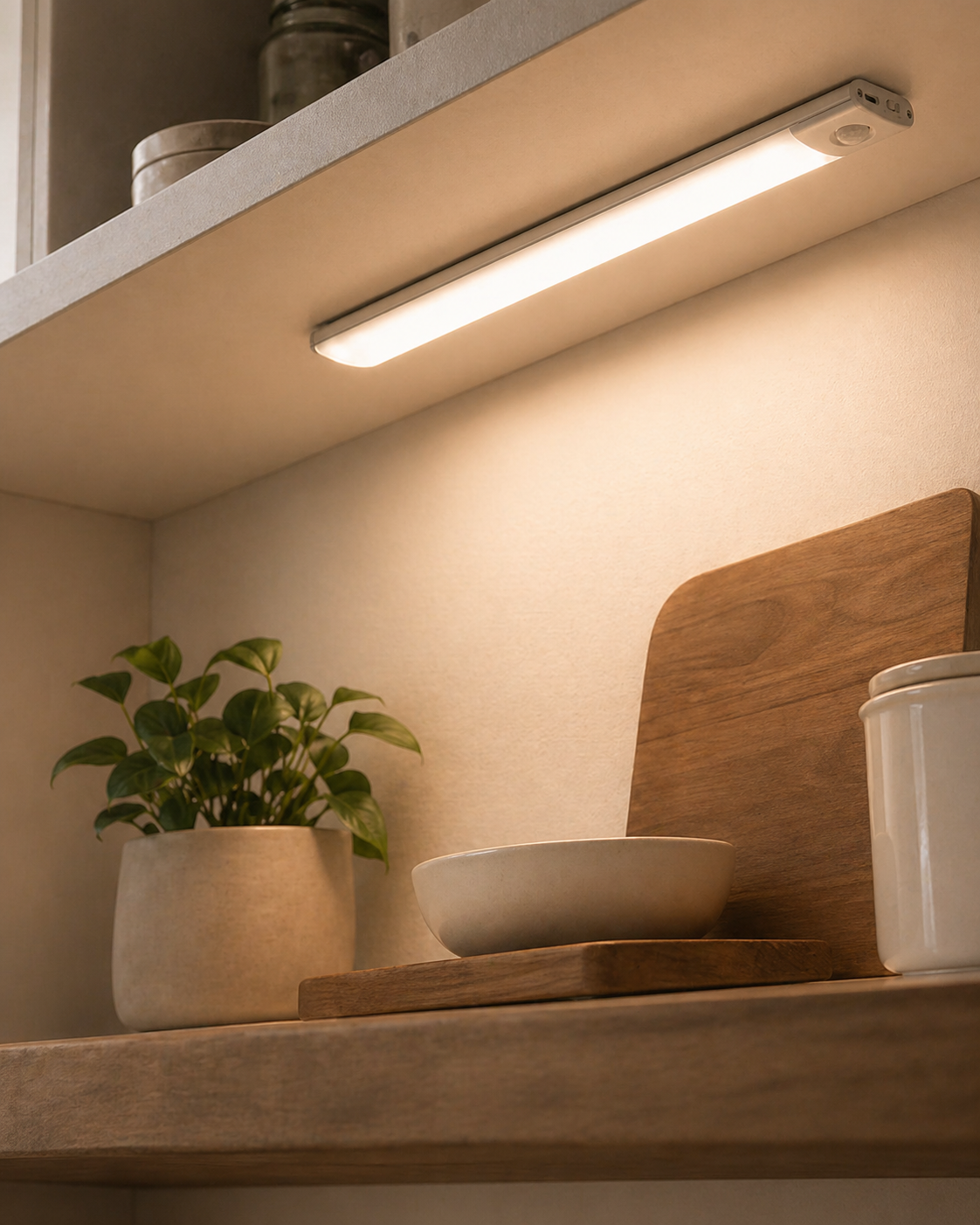 NestLuma motion lights installed under kitchen cabinets in a warm modern kitchen