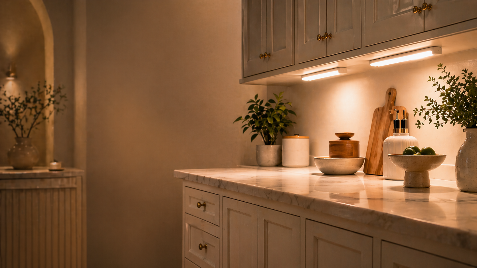 NestLuma motion lights installed under kitchen cabinets in a warm modern kitchen