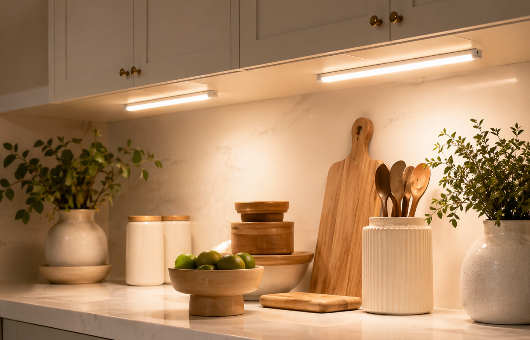 NestLuma motion lights installed under kitchen cabinets in a warm modern kitchen