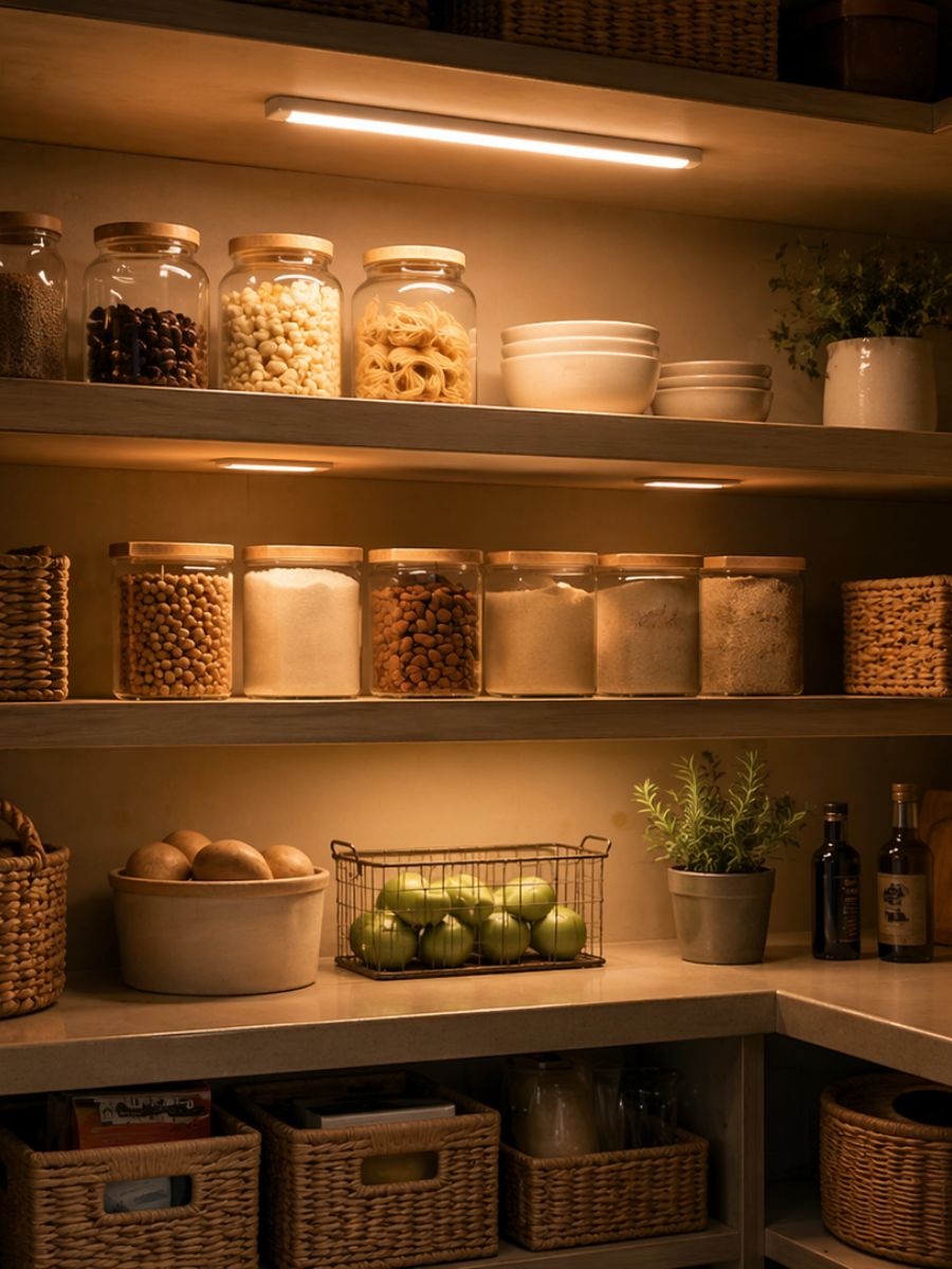 NestLuma motion lights used in a kitchen, closet, and pantry