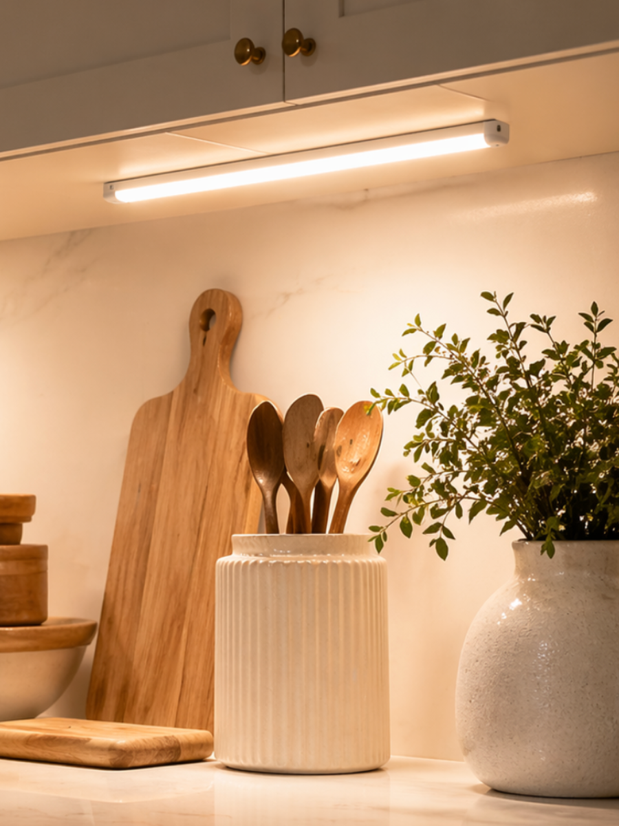 NestLuma wireless motion light installed under a kitchen cabinet with warm glow