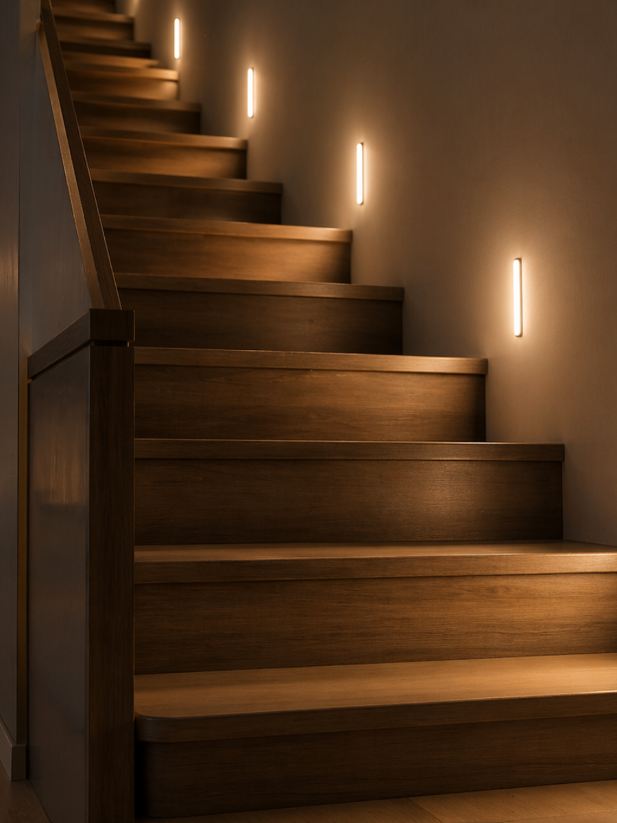 NestLuma motion lights adding warm visibility along indoor wooden stairs